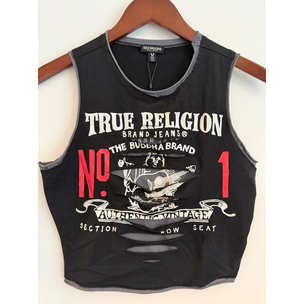 True Religion Tank Top Womens Medium Layered Ripped 210238C Graphic Black Grunge
